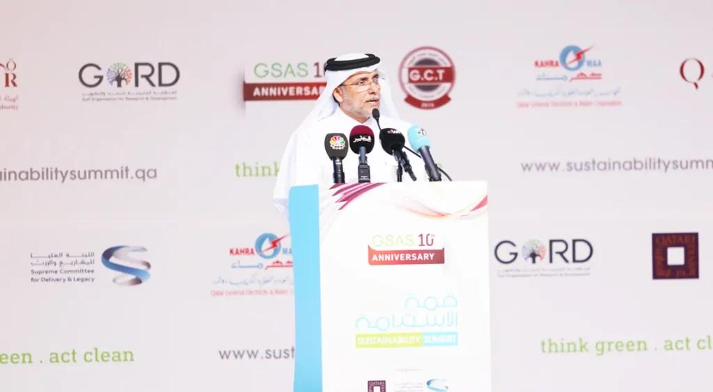 Dr. Yousef Alhorr, Founding Chairman of GORD, delivers the opening speech at Sustainability Summit 2017, emphasizing global climate action and innovation.